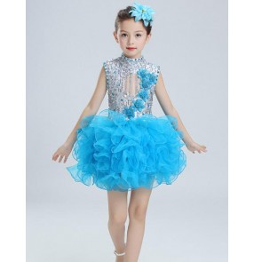 Turquoise red green light pink sequins princess performance girls kids children competition school play costumes dresses outfits